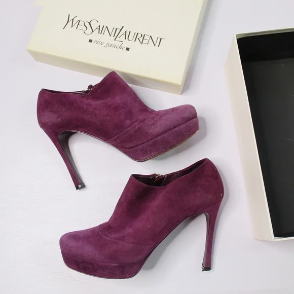Yves Saint Laurent Plum Suede Platform Booties - Picture 1 of 15
